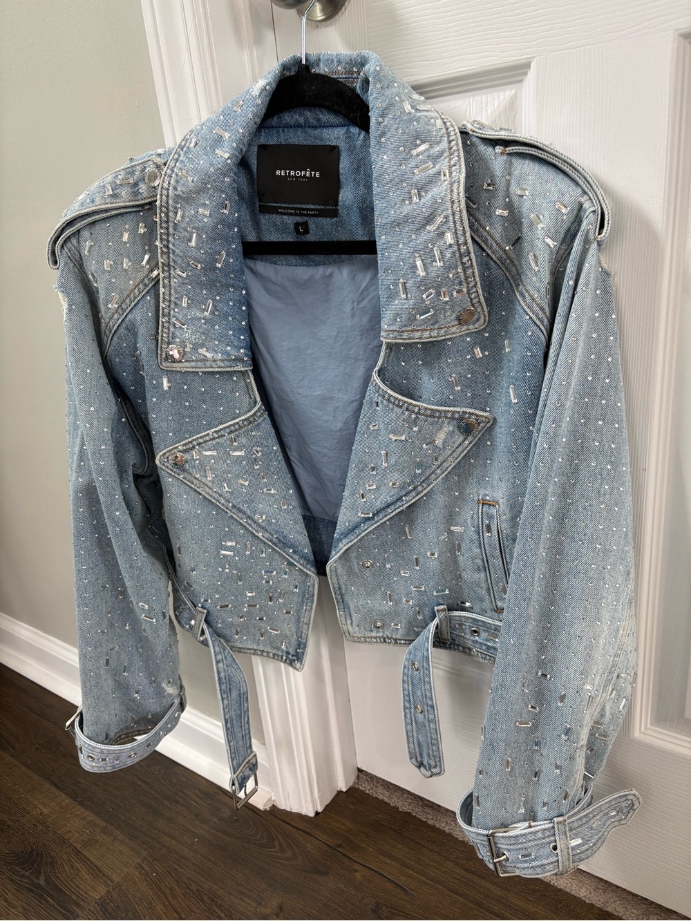 Retrofete Embellished Light Blue Denim Moto Jacket